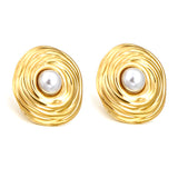 21.6*22.7mm Textured Irregular Round with 7mm Halved White Gum Bead Stud Earrings Gold