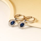 Wire 2*14mm O.D. earrings + 8.4*10.2mm oval blue glass + CNC drilling white zirconium hoop fittings earrings steel color