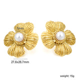 27.6*28.7mm textured four petal leaf with 7mm white glue bead stud earrings gold color