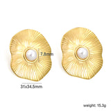 31*34.5mm Lotus Leaf with 7.8mm Half White Gum Bead Stud Earrings Gold Color