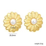 25.2mm Daisy with 7.5mm half white glue bead stud earrings gold color