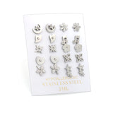 10 Pairs Mixed Cut Diamond Stud Earrings Steel Color