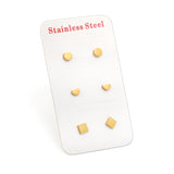 3 Pairs Mixed Cut Stud Earrings (Round 4mm, Heart 4*3mm, Square 4mm) Steel Color/Golden Color