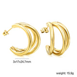 Triple Size C-Shaped Gold Stud Earrings 3*17*24.7mm