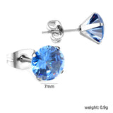 10 pcs 7mm Four Catch Round Blue Diamond Steel Color Stud Earrings