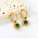 Wire 2*14mm O.D. earrings + 9.7mm round pink zirconia/emerald green glass + CNC drilling white zirconium hoop fittings Gold color