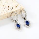 Wire 2*14mm O.D. earrings + 8.4*10.2mm oval blue glass + CNC drilling white zirconium hoop fittings earrings steel color