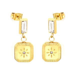 4.3*9mm rectangle with white zirconium + 10.5*11.5mm square with sunflower pattern earrings gold color