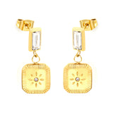 4.3*9mm rectangle with white zirconium + 10.5*11.5mm square with sunflower pattern earrings gold color