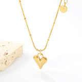 12.2*15mm Pointed Heart Pendant 0.9 Round Snake Bead Chain*40+5cm+6mm Round Plaque Necklace Golden