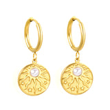 2*12mm I.D. earrings + 15mm round sunburst with white pearl/white cat's eye/turquoise earrings gold color