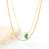 6.4*11mm Leaf with Green Zirconium Pendant 1.2 Round Snake*45cm0.6 Cross Hammered Round Chain*40cm+5cm+6mm Round Plaque Double Chain Necklace Gold