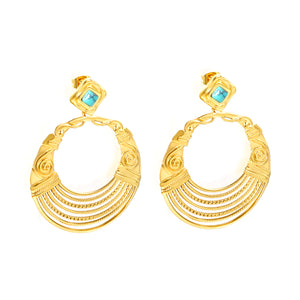 12.2mm Rhombus with Turquoise + 38.5mm Textured Circle Earrings Gold Color