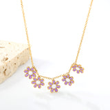 7.8mm six-petal flower white/purple/blue oil drip accessories 0.3 cross chain *40+5cm+6mm round plate necklace gold color