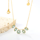 7.8mm six-petal flower white/purple/blue oil drip accessories 0.3 cross chain *40+5cm+6mm round plate necklace gold color