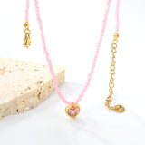 8.5*8.6mm Bead Edge Heart Shape Sticky White/Black/Purple/Red/Pink Zircon Pendant 2mm White Beads*40+5cm+6mm Round Plaque Necklace Gold Color