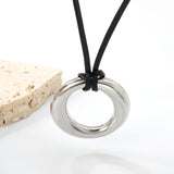 35mm Hollow Circle Pendant 45+5cm+6mm Round Plaque Leather Strap Necklace Steel/Gold