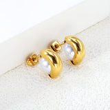 6*14mm semi-curved hoop with 10mm semi-white rubber bead earrings Gold color