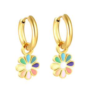 2*10mm circle + 9.4*13mm eight petal flower with colorful oil drop earrings in steel/golden color