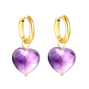 2*10mm inner diameter earrings + 15mm heart shape imitation amethyst stone earrings Gold color