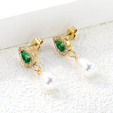 8.6*10.8mm teardrop shaped emerald green glass + CNC set white zirconium ring + 8.5*12mm teardrop shaped white imitation pearl fittings Earrings gold color