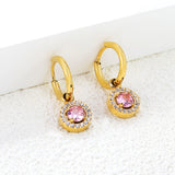 Wire 2*14mm O.D. earrings + 9.7mm round pink zirconia/emerald green glass + CNC drilling white zirconium hoop fittings Gold color