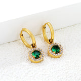 Wire 2*14mm O.D. earrings + 9.7mm round pink zirconia/emerald green glass + CNC drilling white zirconium hoop fittings Gold color