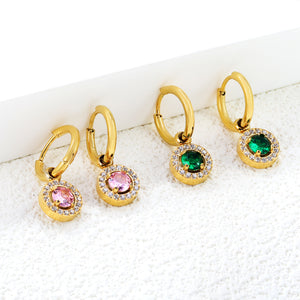 Wire 2*14mm O.D. earrings + 9.7mm round pink zirconia/emerald green glass + CNC drilling white zirconium hoop fittings Gold color