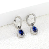 Wire 2*14mm O.D. earrings + 8.4*10.2mm oval blue glass + CNC drilling white zirconium hoop fittings earrings steel color