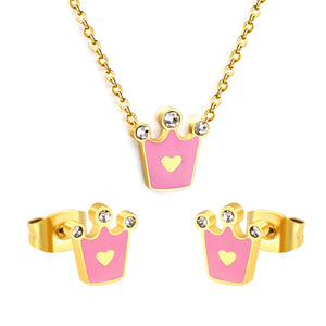 8*8.4mm crown with pink oil drop earrings+11.7*12mm pendant necklace 0.35 cross 45+5cm+6mm round end plaque set Gold color