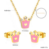 8*8.4mm crown with pink oil drop earrings+11.7*12mm pendant necklace 0.35 cross 45+5cm+6mm round end plaque set Gold color