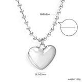 26.5*23mm Hollow Heart Pendant Necklace 4.0 Wave Bead Chain 45+5cm+6mm Round Plaque Steel Color