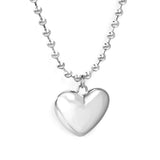 26.5*23mm Hollow Heart Pendant Necklace 4.0 Wave Bead Chain 45+5cm+6mm Round Plaque Steel Color