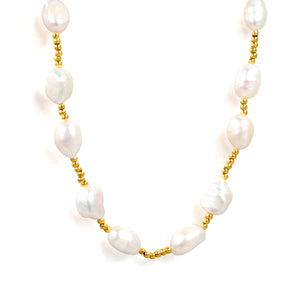 7*9mm freshwater pearl+2mm steel bead necklace 40+5cm+6mm round plaque Gold color