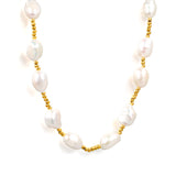 7*9mm freshwater pearl+2mm steel bead necklace 40+5cm+6mm round plaque Gold color