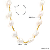 7*9mm freshwater pearl+2mm steel bead necklace 40+5cm+6mm round plaque Gold color