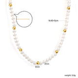 3.2mm white shell beads + 3mm small steel beads necklace 40+5cm+6mm round plaque gold color