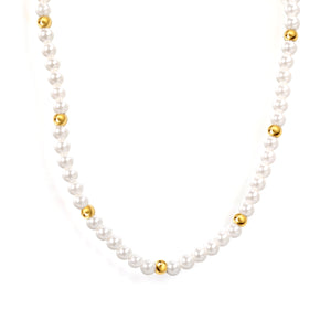 3.2mm white shell beads + 3mm small steel beads necklace 40+5cm+6mm round plaque gold color