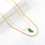 6.4*11mm Leaf with Green Zirconium Pendant 1.2 Round Snake*45cm0.6 Cross Hammered Round Chain*40cm+5cm+6mm Round Plaque Double Chain Necklace Gold