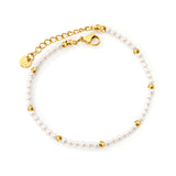 3.2mm White Shell Beads + 3mm Small Steel Beads Bracelet 18+3cm+6mm Round Tag Gold Color