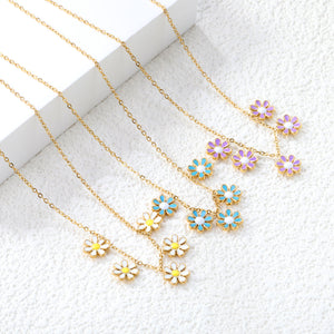 7.8mm six-petal flower white/purple/blue oil drip accessories 0.3 cross chain *40+5cm+6mm round plate necklace gold color