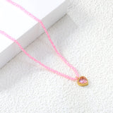 8.5*8.6mm Bead Edge Heart Shape Sticky White/Black/Purple/Red/Pink Zircon Pendant 2mm White Beads*40+5cm+6mm Round Plaque Necklace Gold Color