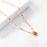 8.5*8.6mm Bead Edge Heart Shape Sticky White/Black/Purple/Red/Pink Zircon Pendant 2mm White Beads*40+5cm+6mm Round Plaque Necklace Gold Color