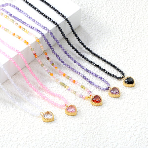 8.5*8.6mm Bead Edge Heart Shape Sticky White/Black/Purple/Red/Pink Zircon Pendant 2mm White Beads*40+5cm+6mm Round Plaque Necklace Gold Color