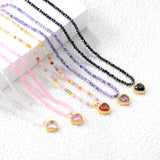 8.5*8.6mm Bead Edge Heart Shape Sticky White/Black/Purple/Red/Pink Zircon Pendant 2mm White Beads*40+5cm+6mm Round Plaque Necklace Gold Color