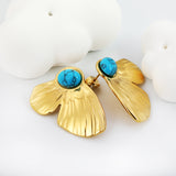 24*37mm Butterfly wings with half 7.6*9.8mm oval blue turquoise/white gum beads earrings gold color