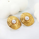 21.6*22.7mm Textured Irregular Round with 7mm Halved White Gum Bead Stud Earrings Gold