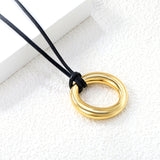 35mm Hollow Circle Pendant 45+5cm+6mm Round Plaque Leather Strap Necklace Steel/Gold