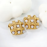 23.4mm Woven Mesh Rhombus with 4mm White Gum Bead Stud Earrings Gold Color