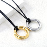 35mm Hollow Circle Pendant 45+5cm+6mm Round Plaque Leather Strap Necklace Steel/Gold